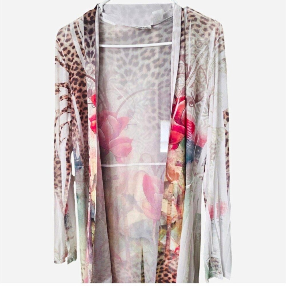 Patchington Floral Leopard V-Neck Long Sleeve Sheer Mesh Kimono Cardigan L